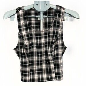 Hot Topic Womens Top Sz LG Plaid Tank Black White Gothic Emo Cyber Punk Stretchy